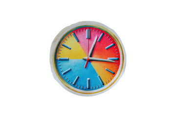 Colorful clock face divided into four color segments red yellow blue and orange with gold frame transparent background