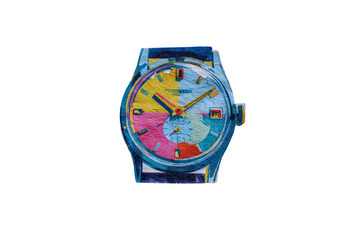 Colorful Wristwatch with Multicolored Face and Blue Bezel on Transparent Background