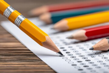 Student filling out answers on multiple choice test using pencil