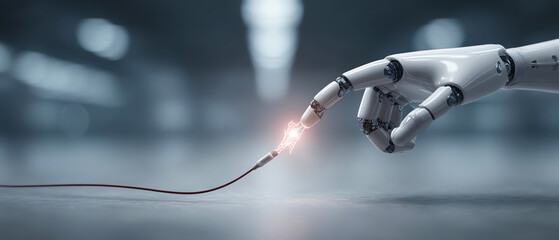 Robotic hand touching electric wire creating spark futuristic technology innovation artificial intelligence metallic modern science