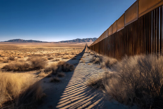 A long border wall casting a shadow over a dry desert landscape, symbol of division and power.