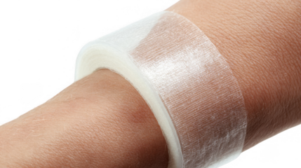 Medical professional carefully securing transparent adhesive tape onto patient's arm. Providing secure and comfortable wound care with transparent background. Ideal for healthcare and medical visuals