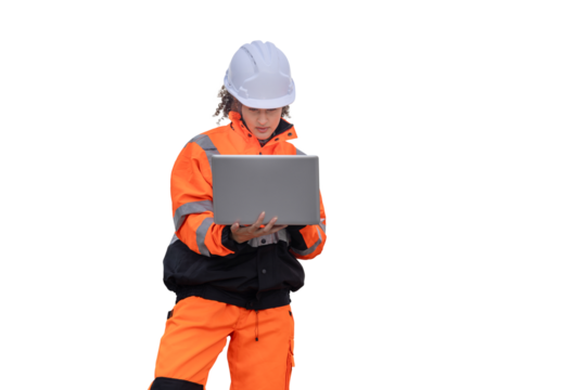 Female Engineer in Safety Gear Working on Laptop, Construction Worker Reviewing Plans on Portable Computer, Focused Woman in Hi-Vis Jacket Using a Laptop