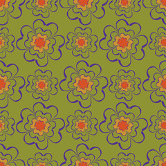 Seamless floral pattern, colorful ditsy print, abstract ornament in retro folk motif. Pretty decorative art botanical design of hand drawn large, small flowers, leaves, wild herbs. Vector illustration