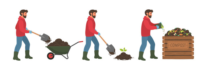 Farmer set. Man with wheelbarrow, planting, gardening, diging, composting. Agriculture concept.