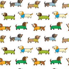 Seamless Pattern with Cartoon Dog Design on White Background. Hand Drawn Vector Illustration.