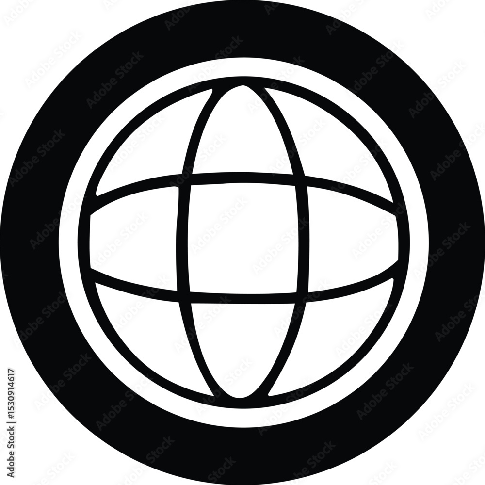 Poster bold black circle enclosing a simple globe graphic design element