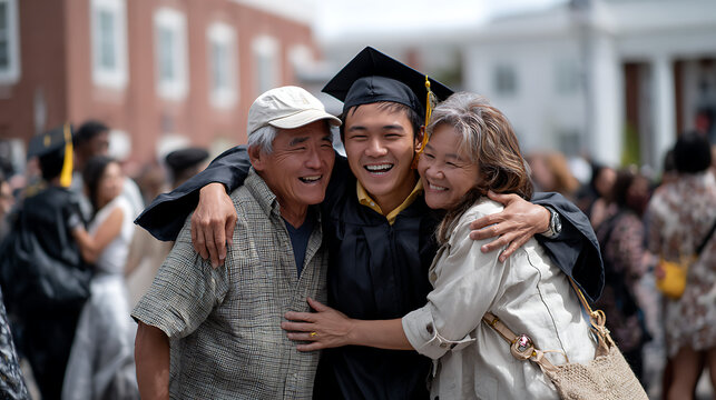 Graduation celebration with family university campus emotional moment outdoor portrait perspective achievement joy