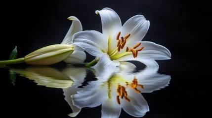Fototapeta premium White lily flower with dark background and water reflection effect. Use this peaceful image for backgrounds or spiritual projects.