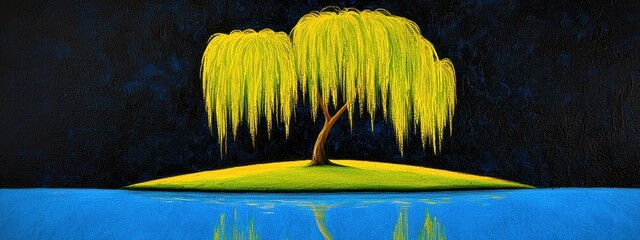 Nocturnal Weeping Willow A Yellow Tree on an Island in a Dark Blue Water