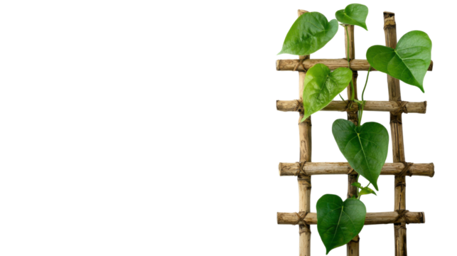 Closeup of a verdant climbing vine with heart shaped leaves growing up a rustic weathered wooden trellis in a natural botanical setting