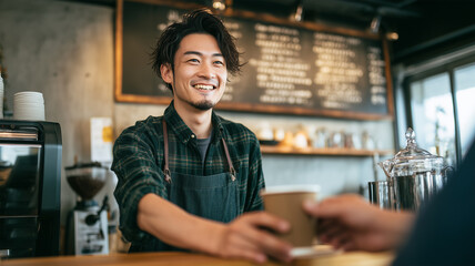 Fototapeta premium 笑顔でコーヒーを差し出す日本人男性バリスタの接客シーン