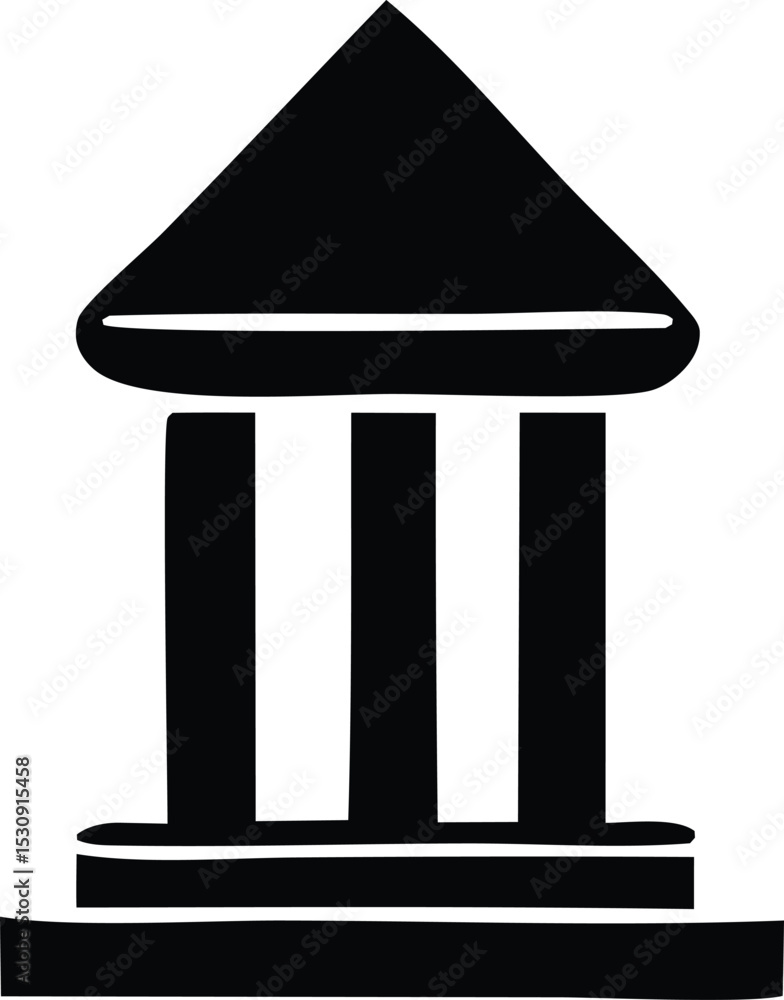 Poster simple black and white icon of a classical building with a triangular roof and three pillars