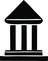 Simple black and white icon of a classical building with a triangular roof and three pillars