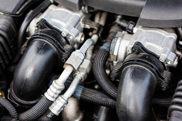 Modern car engine bay, highlighting various mechanical components, hoses, and wiring