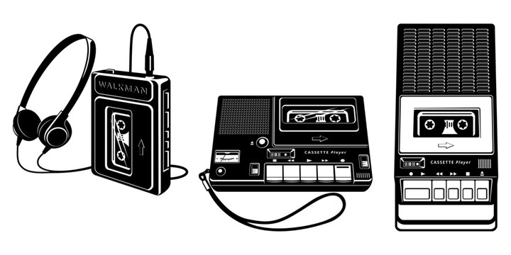 Portable Audio Cassette Players Silhouettes. Walkman. Vector cliparts isolated on white.