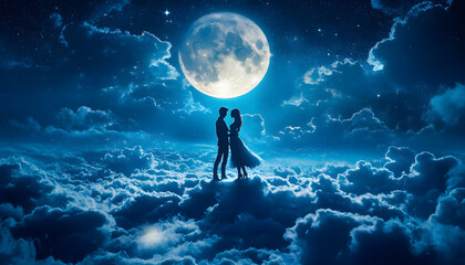 Fototapeta premium Silhouette de couple amoureux dans les nuages avec clair de lune ou rayon de soleil, idéal pour st Valentin, mariages, romantisme, amour