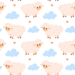 Seamless pattern with cute sheep and  blue clouds on a white background. Perfect for baby and children’s products, nursery decor, textiles, wallpapers, and wrapping paper. Vector pattern.