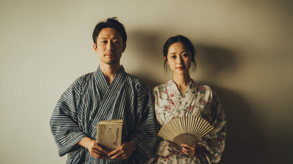 Obraz premium 日本人浴衣男女の穏やかな日常風ポートレート