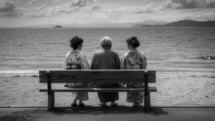 浴衣姿の日本人3人が海辺で談笑