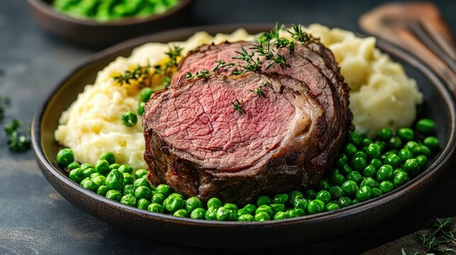 Sliced prime rib served with mashed potatoes and green peas on plate. Use this image for food blogs, recipes, and restaurant menus.