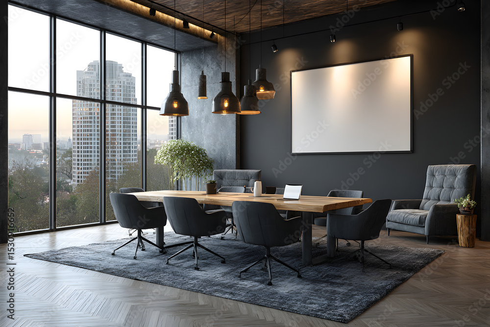 Poster modern conference room interior with large vertical mockup canvas on dark wall and cityscape view th