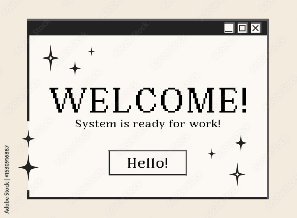 Poster retro computer window and dialogue screen with welcome message, interface in 00s aesthetics. vector 