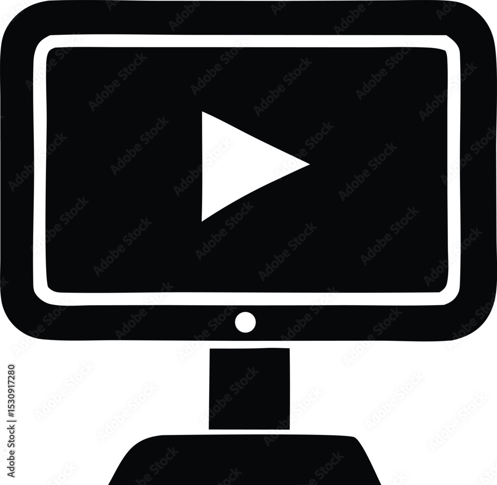 Poster simple black and white desktop computer screen displaying a play button icon