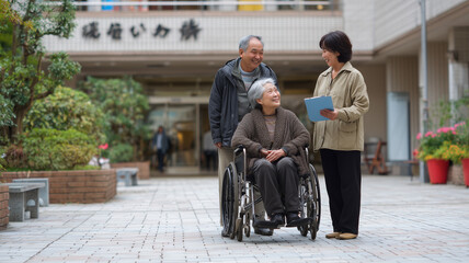 リハビリ施設前で談笑する日本人シニア夫婦と介護スタッフ