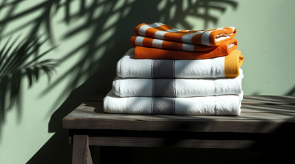 Resort Towel Stack in Warm Stripes on Weathered Bench with Palm Leaf Shadows and Tropical Ambiance, Generative AI