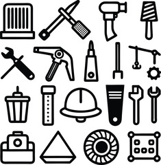 Collection of black and white tool icons a diverse set of industrial and household items