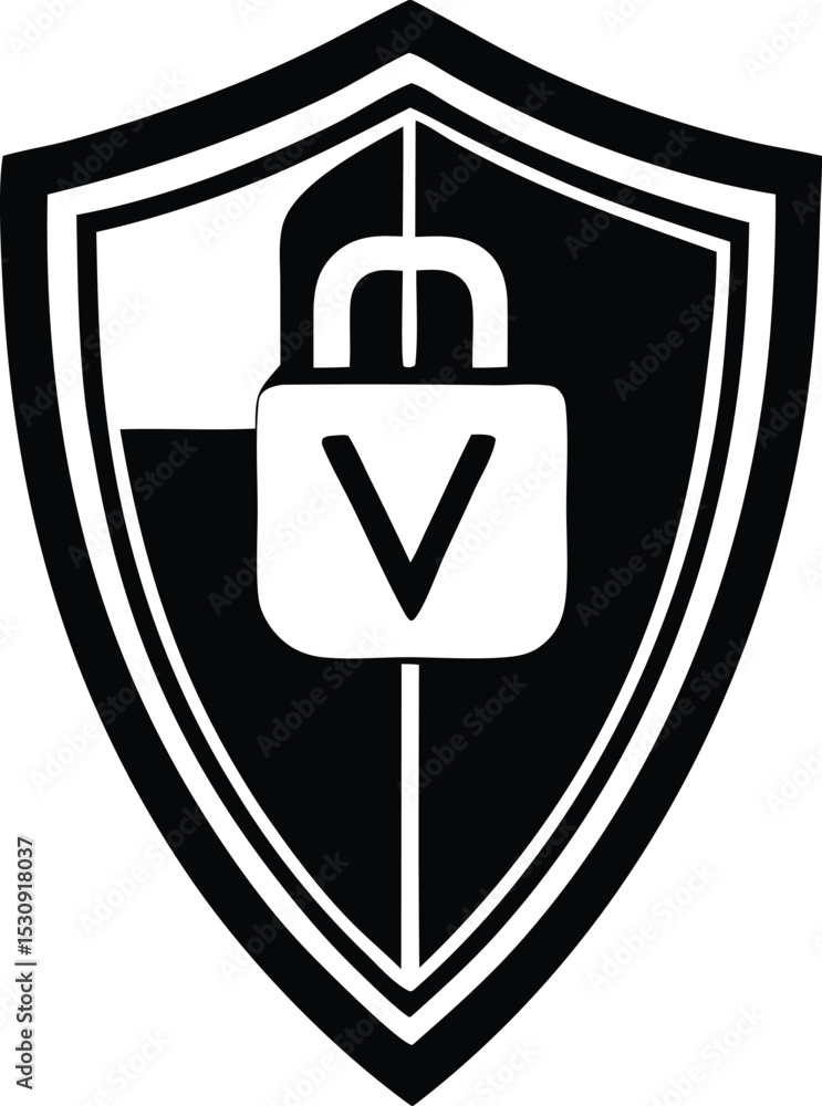 Poster black and white shield icon with padlock representing data security and protection
