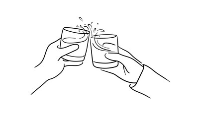 Continuous line champagne cheers one line art, continuous drawing contour. Hands toasting with wine glasses with drinks. Cheers toast festive decoration for holidays. Vector illustration	