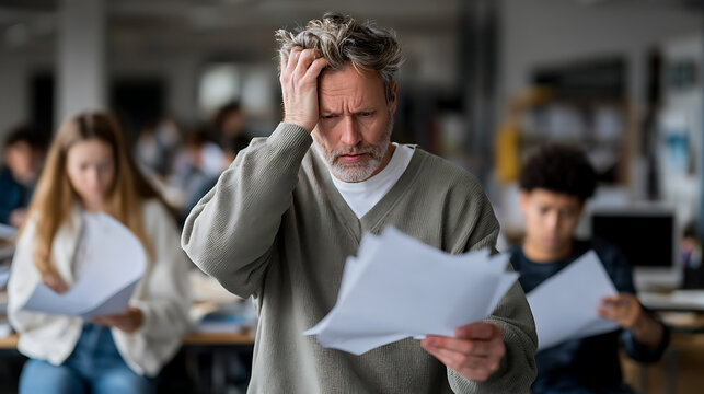 Teacher overwhelmed by student assignments classroom digital photo educational environment close perspective stress management