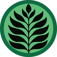 Abstract green and black circular plant logo design featuring stylized leaves and a central stem