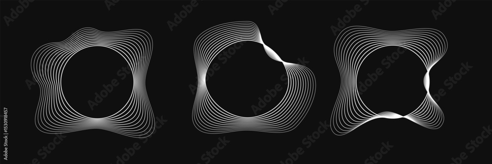 Poster set of round curved frames with dynamic wavy stripes