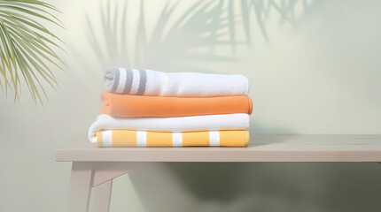 Resort Towel Stack in Warm Stripes on Weathered Bench with Palm Leaf Shadows and Tropical Ambiance, Generative AI