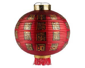 Red paper lantern, geometric text, tassels, dark background