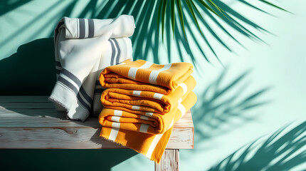 Resort Towel Stack in Warm Stripes on Weathered Bench with Palm Leaf Shadows and Tropical Ambiance, Generative AI