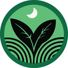 Nocturnal growth emblem featuring a crescent moon and two black leaves on a green field