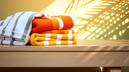 Resort Towel Stack in Warm Stripes on Weathered Bench with Palm Leaf Shadows and Tropical Ambiance, Generative AI