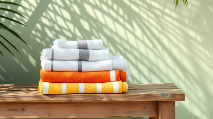 Resort Towel Stack in Warm Stripes on Weathered Bench with Palm Leaf Shadows and Tropical Ambiance, Generative AI