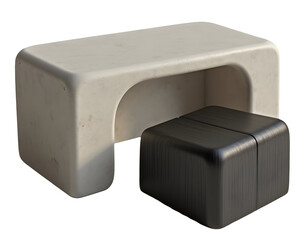 Modern minimalist white stone console and grey ottoman furniture set