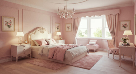 Elegant Pink Bedroom Interior Design featuring a Luxurious Bed, Chic Furniture, and Soft Pastel Hues creating a Serene Atmosphere