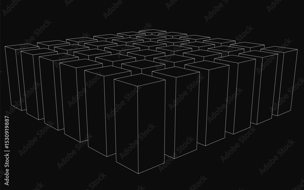Poster a black and white image of a building with many small squares. the squares are lit up with a white l