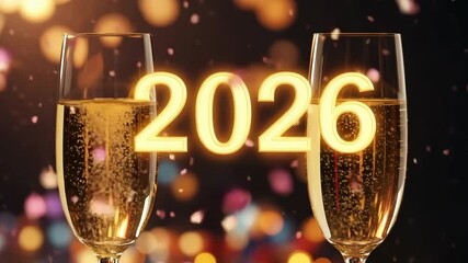Two champagne glasses with sparkling liquid and 2026 digital numbers. Happy new year celebration background with champagne. - Powered by Adobe