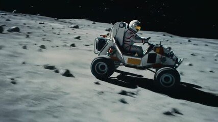 Astronaut in a spacesuit drives a moon buggy across the rocky lunar terrain, kicking up dust, with a clear view of the starry sky. - Powered by Adobe