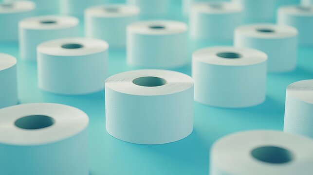 Many soft, white toilet paper rolls on a light blue surface. It's good for illustrating cleanliness, hygiene, and sanitation.