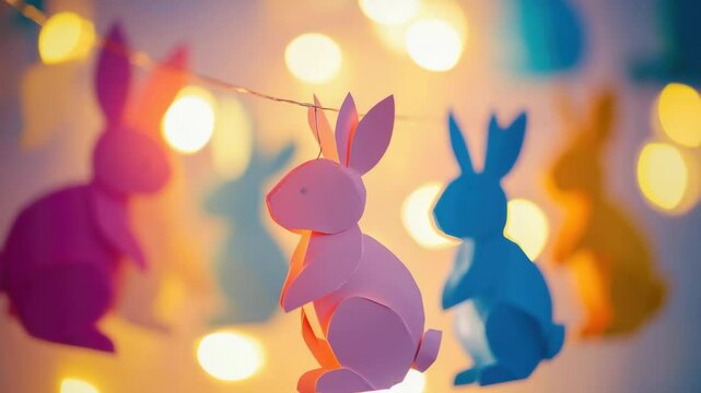 Decorative paper bunnies hanging from string of lights in various colors. Handmade Easter decoration.