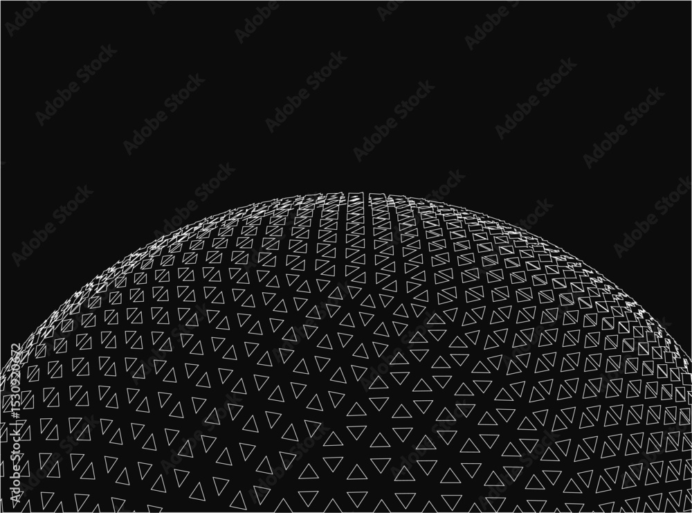 Poster a black and white image of a sphere with many triangles on it. the image has a futuristic and abstra